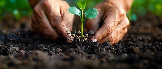 Hands Nurturing Growth: The Intimate Bond with Earth. Concept Nature Connection, Sustainable Living, Gardening Tips, Eco-Friendly Lifestyle, Earth Healing - obrazy, fototapety, plakaty