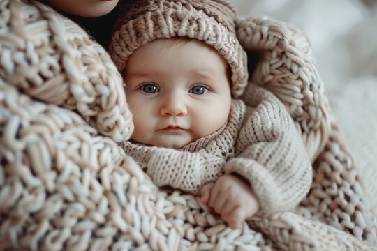 A cute baby nestled in the arms of a loving mom, surrounded by soft blankets.