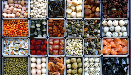 a variety of food items are arranged in square containers