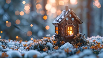 A small house with a lit candle in the window surrounded by snow, AI