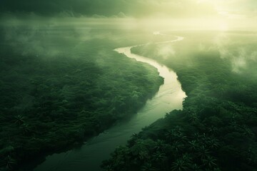 Majestic Aerial View of Tropical Rainforest and River, Nature Background