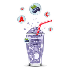 Healthy black blueberry oxygen cocktail with air bubbles. Isolated vector summer drink for design