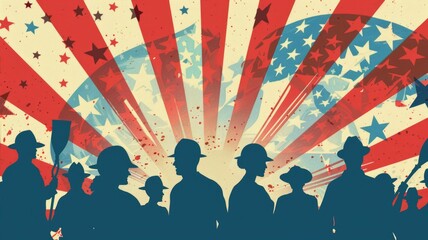 Labor Day poster with American flags and silhouettes of construction, healthcare and education workers in the background. Add stars and stripes elements - obrazy, fototapety, plakaty