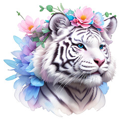 A white tiger with delicate flowers on its head. High-quality, stylish art in delicate colors.