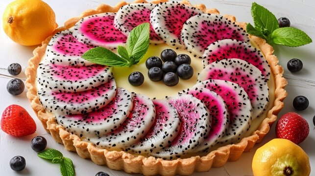   A fruit tart displays blueberries, raspberries, and sliced lemons atop mint garnish against a pristine white background