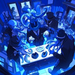 Stylish Cephalopods Gather in an Atmospheric Store for Top Hats and Accessories