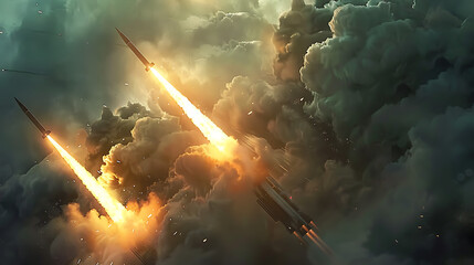 a dramatic scene of two missile launchers firing missiles. The launchers are enveloped in thick clouds of smoke, and fiery explosions surround them. - obrazy, fototapety, plakaty