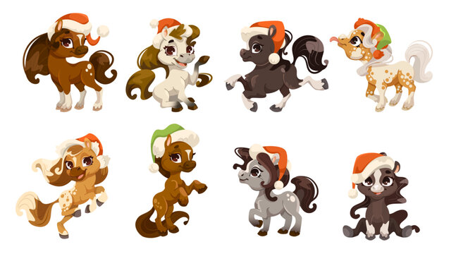A collection of cute cartoon ponies wearing Santa hats, isolated on a white background, depicting the concept of Christmas. Vector illustration