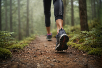 A girl runs along a forest path.Close-up of the leg.Rear view.