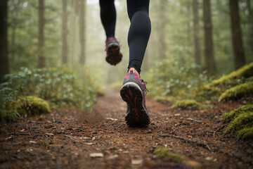 A girl runs along a forest path.Close-up of the leg.Rear view.