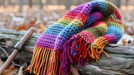 Crochet wool rainbow scarf and hook