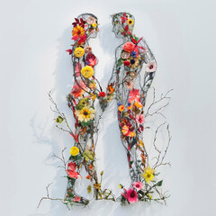 Flowers 3D figure of man and woman in full grow. 