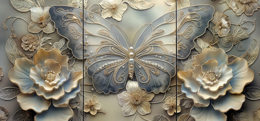 panel wall art, marble background with feather and butterfly silhouette , wall decoration	 - obrazy, fototapety, plakaty