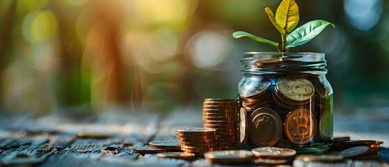 Growing Wealth: Coins, Plant, and Savings Jar. Concept Personal Finance, Wealth Building, Savings Goals, Investment Strategies, Money Management - obrazy, fototapety, plakaty