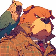 Intriguing duo of a parrot detective and loyal dog sidekick, ready for adventure. - obrazy, fototapety, plakaty