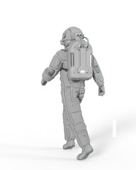 astronaut is walking and passing by on rear view
