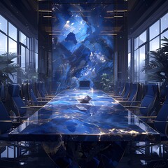 A Luxurious Corporate Office Space Featuring a Stunning Lapis and Gold Marble Table and Wall
