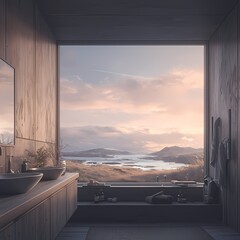 Soak in the serene vista of a modern Icelandic-designed bathroom with an expansive window. - obrazy, fototapety, plakaty