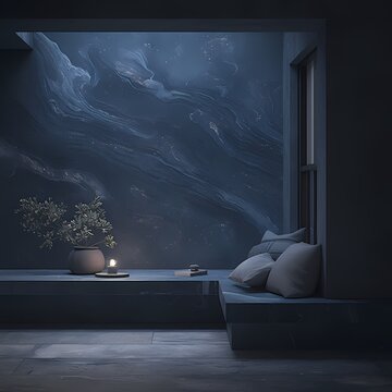 Find Tranquility in a Midnight Marbled Meditation Space with a Seated Bonsai Tree