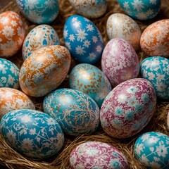 Fototapeta na wymiar Elegantly adorned with intricate patterns in pastel colors, these Easter eggs gleam with a lustrous sheen that captivates the eye. 