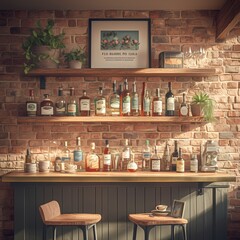 Chic Bar Room Decor - Stylish Liquor Display on a Brass Countertop