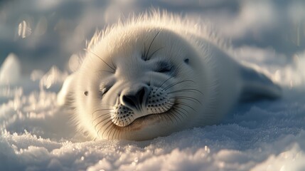   A tight shot of a seal nestled in the snow, its face turned toward the camera with closed eyes - obrazy, fototapety, plakaty