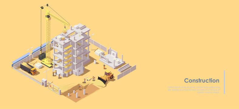 Isometric vector illustration of a construction site with workers, machinery, and building structure on yellow background, concept of urban development. Vector illustration