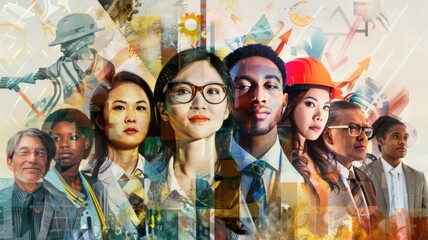 collage of modern-day workers from various sectors including tech, healthcare, and education.