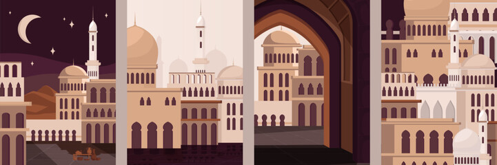 Fototapeta premium Middle Eastern cityscape at night with moon and stars, and a day view through an arch, vector illustration, twilight and daylight scenes. Vector illustration