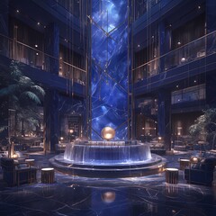 Fototapeta na wymiar Elegant Building Lobby with Blue Marble Wall and Waterfall Centerpiece