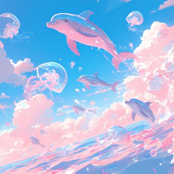 Journey through a Magical Surreal Sea with Playful Dolphins and Bubbles
