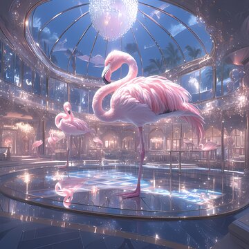 Elegance at its peak in a dance hall spectacle featuring vibrant flamingos and a grand ceiling mirror.