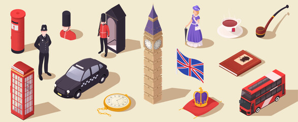 Isometric vector icons representing British culture and landmarks on a light background. United Kingdom travel and culture concept. Vector illustration