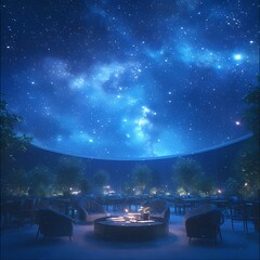 Illuminated Stardust Conference Center with Outdoor Seating and Starry Sky