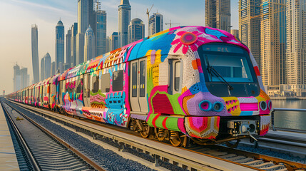 Fototapeta premium Dubai Metro Train Covered with Yarn is Driven Down