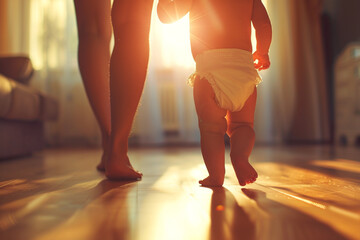 A cute baby taking their first steps, supported by the mom's loving and guiding hands.