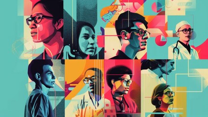 Obraz premium collage of modern-day workers from various sectors including tech, healthcare, and education.