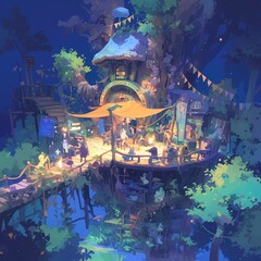 A Captivating Illustrated Nightclub perched atop a tree in a mystical forest, inviting nocturnal creatures to dance the night away under a starlit sky.