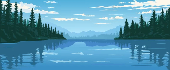 Selbstklebende Fototapeten Blue Jeans Vector illustration of a tranquil forest landscape with mountains, pine trees, and a reflective lake under a partly cloudy sky. Vector illustration  © GN.STUDIO