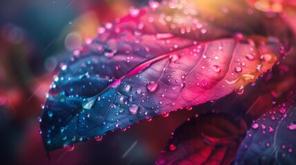 A close up of a colorful leaf with rain drops on it, AI
