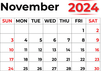 November 2024 monthly calendar design in clean look