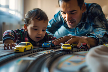 A father and baby playing with a set of toy cars, zooming around a track