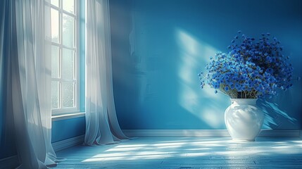   A white vase, brimming with blue blooms, sits atop a hardwood floor Nearby, a blue-painted wall stretches upward