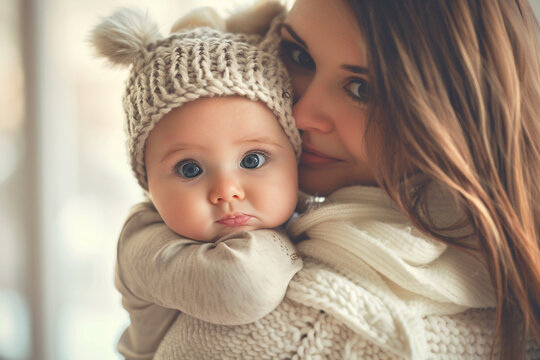 A cute baby wearing a cozy onesie, cradled in the mom's arms.