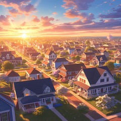 A picturesque sunrise illuminates a peaceful suburban neighborhood, evoking feelings of calm and tranquility in this ideal stock image. - obrazy, fototapety, plakaty