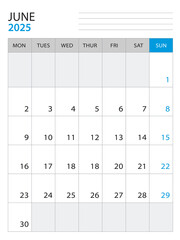 June 2025 - Calendar 2025 template vector illustration, week start on monday, Wall calendar 2025 design, Desk calendar template, corporate planner template, Stationery, organizer diary, vector