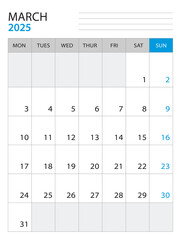 March 2025 - Calendar 2025 template vector illustration, week start on monday, Wall calendar 2025 design, Desk calendar template, corporate planner template, Stationery, organizer diary, vector
