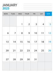 January 2025 - Calendar 2025 template vector illustration, week start on monday, Wall calendar 2025 design, Desk calendar template, corporate planner template, Stationery, organizer diary, vector