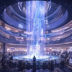 Astonishing 3D Waterfall in Luxurious Gaming Lobby - obrazy, fototapety, plakaty