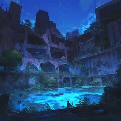 Experience a surreal blend of urban decay and natural beauty. The image captures the enchanting essence of an abandoned city, now partially submerged in water, where life blooms amidst ruins.